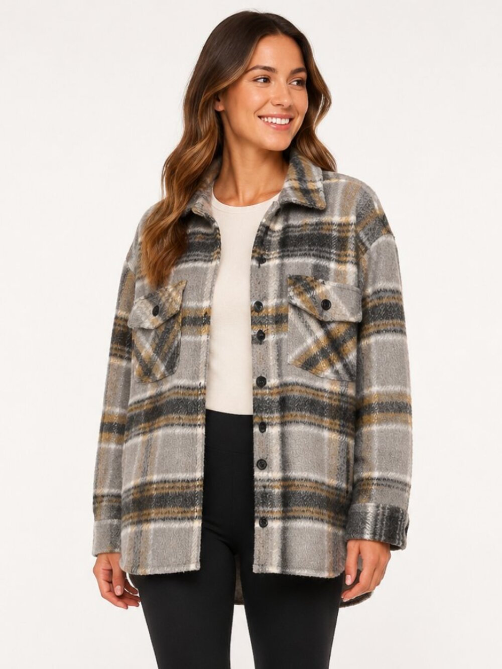 Thread & Supply Charcoal Taupe Plaid Fleece Shacket Women’s S